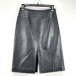 Vakko Leather Skirt Women's‎ 0 Black Floral Fringe VTG Goth Grunge Straight